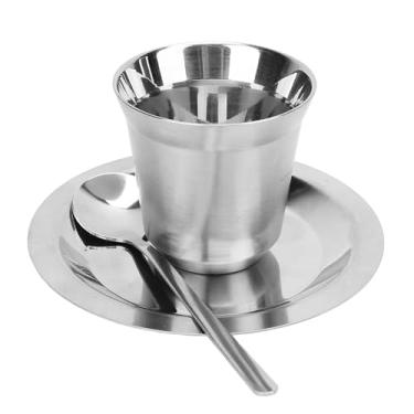 Imagem de Conjunto de Xícara de café de Aço Inoxidável, Xícara de café Expresso de Aço Inoxidável Com Pires e Colher Xícaras de café Expresso de Parede Dupla Canecas Xícara Demitasse para