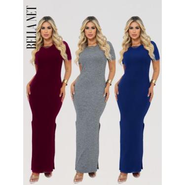 Imagem de KIT 3 Vestidos Longos com Fenda Lateral Manga Confortável Canelado Pre
