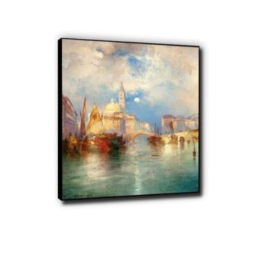 Imagem de LXURY Moonrise, Chioggia, pintura famosa de Veneza, pronta para pendurar, reproduções em tela, reproduções de arte de parede clássica para decoração de casa 30 x 38 cm, moldura preta