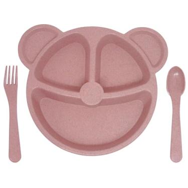 Imagem de Prato com Divisória + Talheres Infantil Bebe BLW Formato Urso Introdução Alimentar (Rosa)