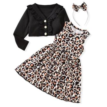 Imagem de HINTINA Conjunto de 2 peças de vestido e cardigã para meninas pequenas, estampa floral, sem mangas e cardigã de manga comprida, Leopardo preto, 6-7 Anos