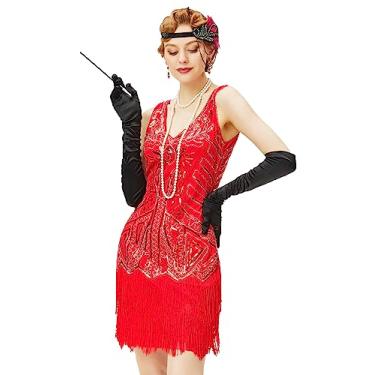 Imagem de BABEYOND Conjunto de vestidos melindrosa da década de 1920 com decote em V e franjas e vestido Gatsby, Vermelho, GG