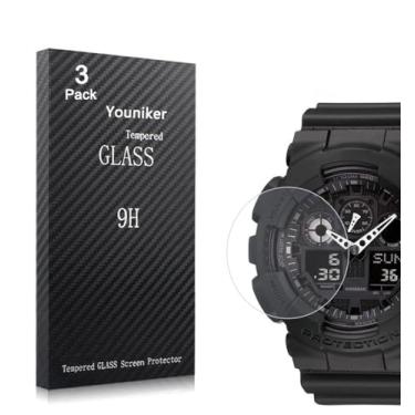 Imagem de Youniker Pacote com 3 películas protetoras de tela Casio GA100 de vidro temperado para relógio Casio G Shock GA100, película de vidro de dureza 9H de 0,3 mm, fina, antiarranhões, antiimpressões