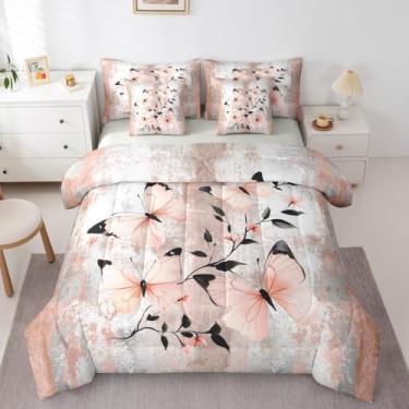 Imagem de Erosebridal Conjunto de edredom solteiro de borboleta em aquarela com lençol com pintura a óleo abstrata, borboleta, 7 peças, cama rústica de fazenda em um saco, ombré, laranja, cinza, branco