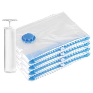 Imagem de Kit 4 Saco a Vácuo com Bomba para Mala Viagem Organizador Roupas Edredom Cobertor Reutilizável