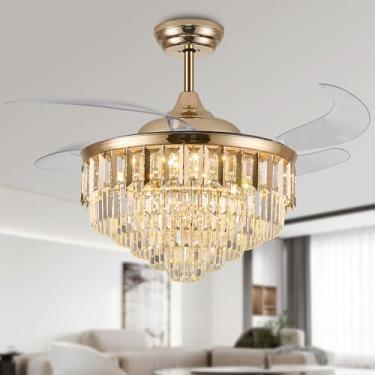 Imagem de TRSIOPFC Ventiladores de teto de lustre regulável de 132 cm, ventilador de teto de cristal com luzes e controle remoto para quarto, sala de estar, sala de jantar, ouro polido