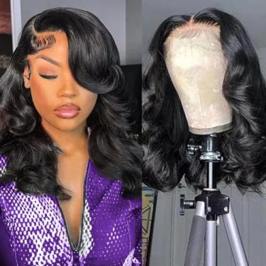 Imagem de Peruca Bob de 35,5 cm de cabelo humano 33 x 15 cm ondulado frontal perucas de cabelo humano 180% densidade pré-arrancadas Bob perucas curtas para mulheres perucas frontais sem cola cabelo humano preto