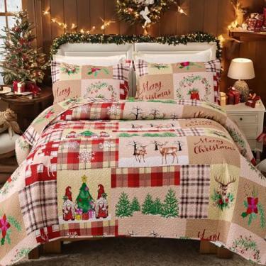 Imagem de Conjunto de cama de Natal, Queen, colcha de Natal, gnomo, Papai Noel, xadrez, patchwork, colchas de Natal, decoração de presente, estampa de alce, leve, reversível, colcha