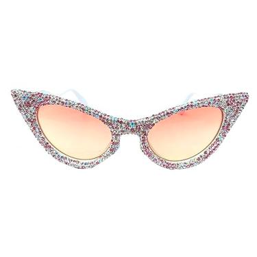Imagem de willochra Óculos de sol femininos de strass fashion 2023 rosa sexy cristal brilhante moderno retrô cateye festa óculos de sol, Branco, rosa, Medium