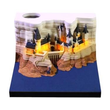 Imagem de Time Piece Calendário 3D 2026, bloco de notas de calendário 3D, bloco de notas de arte de escultura DIY com luz LED, escultura de papel criativa, artesanato DIY Gif (castelo - com luz)