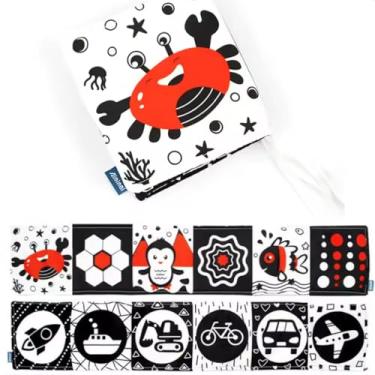 Imagem de Livro de bebê de lado duplo, livro de bebê em preto e branco, livros de bebê enrugado com alto contraste visual, brinquedos educativos precoces para bebês recém-nascidos (Caranguejo)