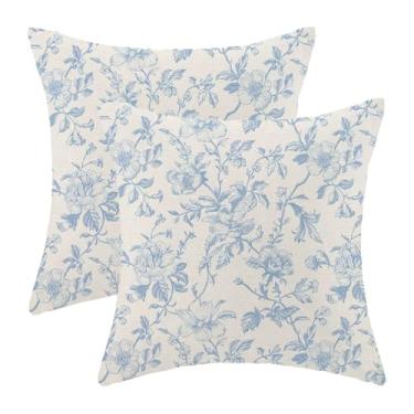 Imagem de Conjunto de 2 capas de almofada florais vintage 50 x 50 cm, flores chinoiserie azul bebê, decorativas, roupa de cama, decoração de casa de fazenda, fronha para sofá doméstico