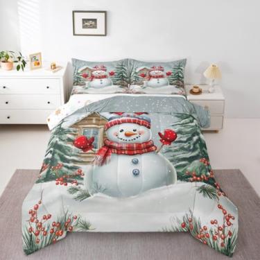 Imagem de Feelyou Conjunto de cama com boneco de neve branco, árvore de Natal, para crianças, meninos, meninas, adolescentes, decoração de quarto de Natal, floco de neve, cardeal, pássaro, edredom solteiro