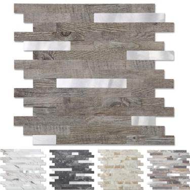 Imagem de Yipscazo 10 folhas de revestimento de azulejo de metal de pedra, cole em azulejos para cozinha, banheiro, lavanderia, acampamento, lareira (30 x 30 cm, madeira cinza com metal)