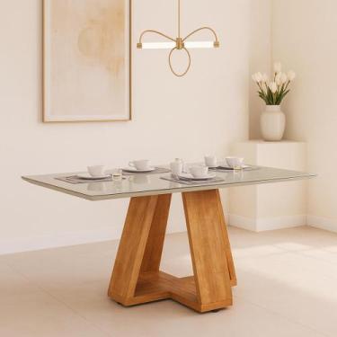 Imagem de Mesa De Jantar Retangular Com Tampo de Vidro Para Sala De Estar e Cozi