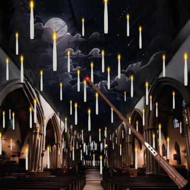Imagem de Velas flutuantes com varinha, decorações de Halloween, velas mágicas penduradas, velas de LED flutuantes sem chama com controle remoto, luzes quentes operadas por bateria, para o Natal