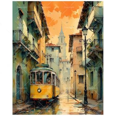 Imagem de Kit de pintura de cena de bonde europeu por números para adultos - Carrinho amarelo faça você mesmo na cidade velha ao pôr do sol, pintura em tela 40,6 x 50,8 cm, conjunto de tinta acrílica para