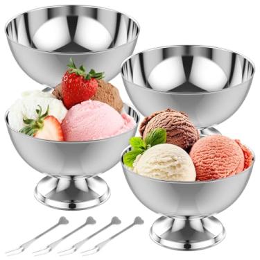 Imagem de HJJWNDDNG 4 peças tigela de sorvete de aço inoxidável com 4 garfos copo reutilizável pudim tigela de sobremesa portátil para sobremesa, sundae, salada, coquetel, condimento, bagatela (prata, 4)