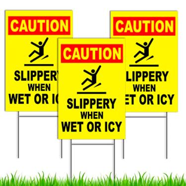 Imagem de 3 placas Caution Slippery When Wet or Icy – 20 x 30 cm Placa de gelo Coroplast com estacas – sinais de aviso – Placa amarela molhada