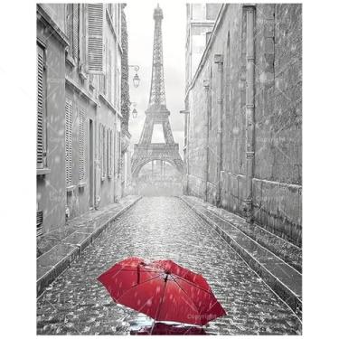 Imagem de Kit de pintura de paisagem urbana por números para adultos - Guarda-chuva vermelho faça você mesmo em Paris pintura de rua em tela 40,6 x 50,8 cm, conjunto de tinta acrílica, adequado para iniciantes