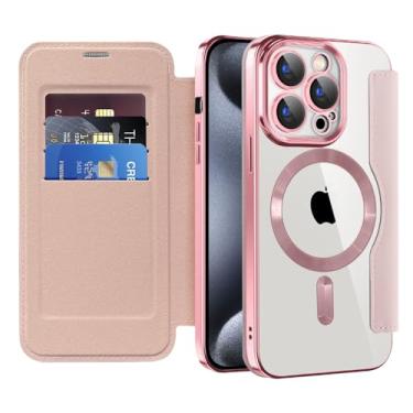 Imagem de COTDINFOR Capa para iPhone 15 Pro, carteira de couro com suporte para cartão [bloqueio RFID] compatível com proteção de câmera Magsafe, capa flip transparente à prova de choque para iPhone 15 Pro Pink