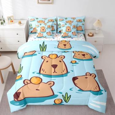Imagem de Jogo de cama casal e edredom com desenho animado de capivara, adorável castor, 7 peças, estampa de animais roedores fofos, em uma bolsa, kawaii, natureza, safári, decoração de frutas laranjas