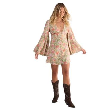 Imagem de Nasty Gal Minivestido feminino vintage floral com botões e manga rodada extrema, Verde, 40