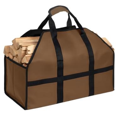 Imagem de LBTING Porta-troncos de lenha, bolsa de transporte de madeira Oxford resistente com alça, adequada para lareira interna e acampamento ao ar livre - marrom