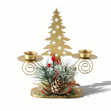 Imagem de Castiçais de luz de chá de Natal, bagas artificiais pinhas, folhas, castiçais, árvores de Natal, mesa de metal, peça central para decorações de Natal
