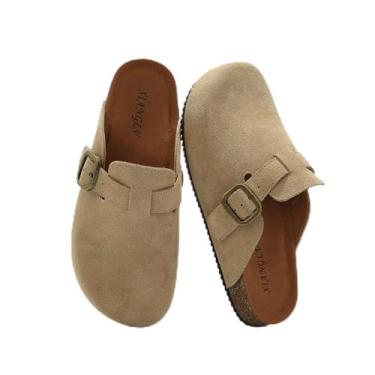 Imagem de XIANGLV Sandália feminina de camurça, de couro, confortável, de cortiça, com suporte de arco, Damasco, 40