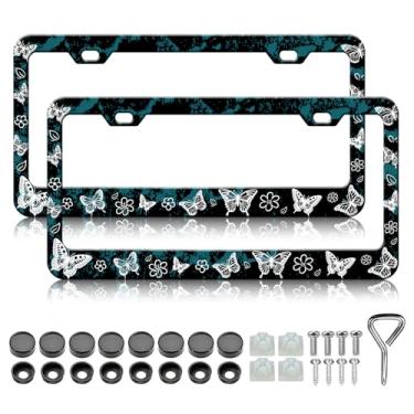 Imagem de Moldura de placa de licença de borboleta - 2 peças linda flor de borboleta alumínio suporte de placa de carro, à prova de ferrugem, à prova d'água para carro