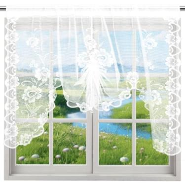 Imagem de Yolev Cortina Swag para janelas, cortinas de renda branca semitransparentes para cozinha, bordado, floral, meia janela, para decoração de cozinha, banheiro, quarto, 150 x 110 cm, 1 painel