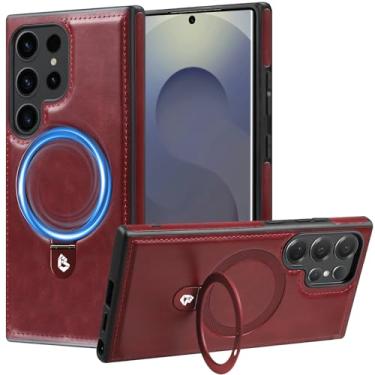 Imagem de Hovisi Primeira capa mundial para Galaxy S25 Ultra com MagicStand, [suporte invisível] Capa protetora fina de couro PU e borracha à prova de choque com anel magnético para Samsung Galaxy S25 Ultra Red