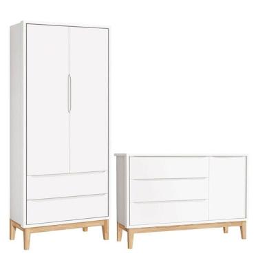 Imagem de Cômoda Com Porta E Guarda Roupa Infantil 2 Portas New Classic Branco Com Pés Madeira Natural - Reller