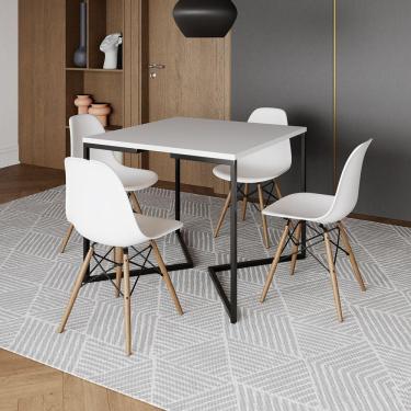 Imagem de Mesa Jantar Industrial Branca Quadrada 90X90 Base V Ferro Preto Com 4 Cadeiras Brancas Cor: Branco