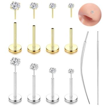 Imagem de Brinco de nariz plano push-in sem costura banhado a ouro 14 K, adequado para mulheres e homens, aço médico hipoalergênico, sem linha, joia piercing de trago e hélice de narina, ouro 20G + prata