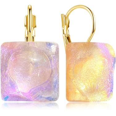 Imagem de unixmoment Brincos femininos com pingente geométrico quadrado de resina colorida delicada ouro 14 k, Regular, Resina, Sem pedra preciosa