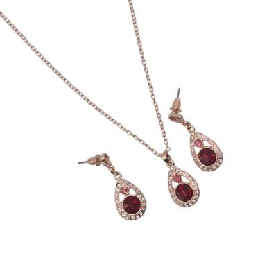 Imagem de Myrish Conjunto de joias em forma de gota banhada a ouro – Colar com pingente de cristal vermelho e brincos de strass com detalhes rosa – Joias modernas femininas elegantes