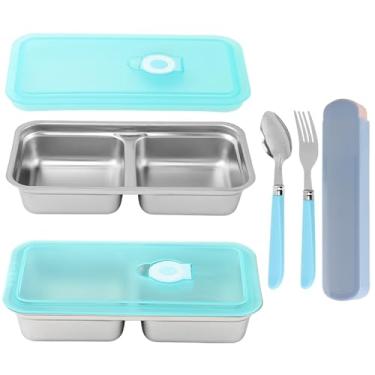Imagem de Herxsin Recipientes de lanche de aço inoxidável com compartimentos duplos com tampas, garfo e colher, recipientes de lanche Grab and Go, recipientes reutilizáveis de armazenamento de alimentos para