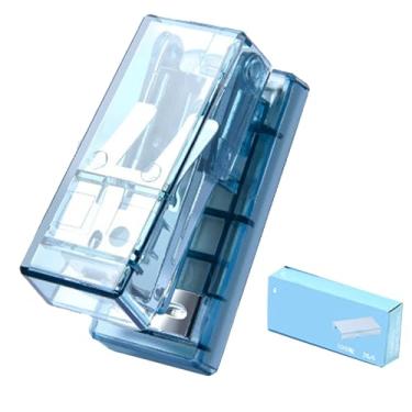 Imagem de Mini grampeador bonito portátil construção de aço semitransparente economizar esforço grampeador de mesa de escritório para escritório escolar (Azul)