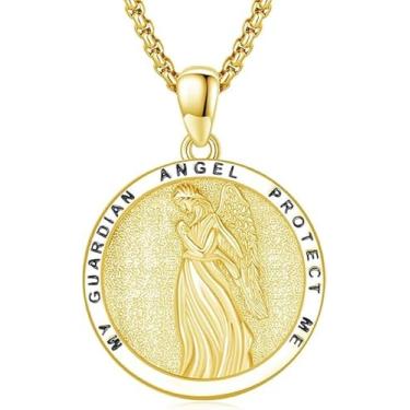 Imagem de Hagkew Colar de anjo da guarda banhado a ouro 14K, pingente de anjo da guarda para mulheres, homens, religiosos, cristãos, padroeiro, medalha, joias, presentes para mulheres
