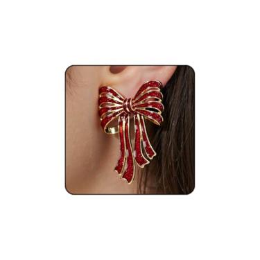 Imagem de Brincos pendentes de laço de Natal para mulheres, vermelho, verde, esmaltado, joia de Natal, brincos de Natal, acessórios de fantasia de Natal, Large, Metal, Sem pedra preciosa