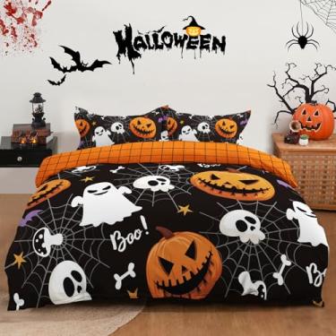 Imagem de Conjunto de capa de edredom Queen, 3 peças, crânio preto, abóbora, teia de aranha, conjunto de roupa de cama com 2 fronhas, temática de festival fantasma, conjunto de cama queen, 224 x 232 cm (não