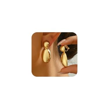 Imagem de Brincos femininos com clipe de lágrima de ouro, vintage, grosso, dourado, bufante, gota de lágrima, brincos modernos não perfurados, joias hip hop, acessórios dos anos 70 e 80, Large, Zinco, Sem pedra
