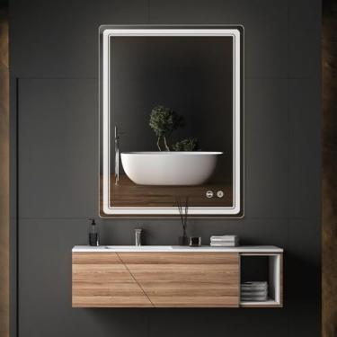 Imagem de FORTNEY Espelho de banheiro LED de 61 x 91 cm com luzes, antiembaçamento, regulável, espelho iluminado para banheiro, para parede, certificado UL