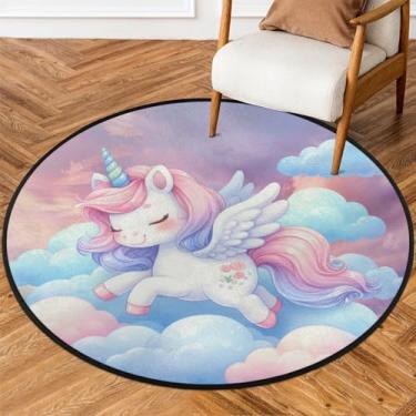 Imagem de Tapete redondo de 1,5 m de unicórnio, céu fofo, macio, antiderrapante, lavável, tapete circular para quarto, berçário, sala de estar, cozinha, banheiro, entrada, decoração de casa