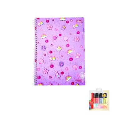 Imagem de Kit Caderno Universitário Vibe Feminino 160F + Caneta Esferográfica Sortida 0.7mm + Marca Texto Pastel