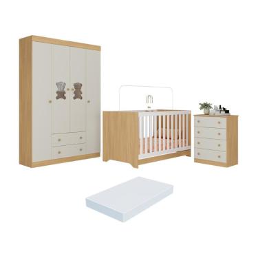 Imagem de Quarto De Bebê Completo Berço Americano 3 Em 1 Colchão Teddy Multimóveis MP4664 Madeirado-off White