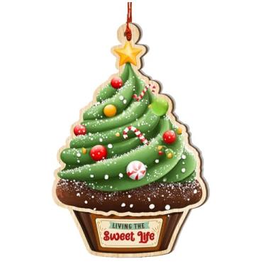 Imagem de Enfeite de cupcake para árvore de Natal, enfeites de cupcake inquebráveis para árvore de Natal, camada durável de madeira e acrílico, decorações de férias gastronômicas doces, presente exclusivo para