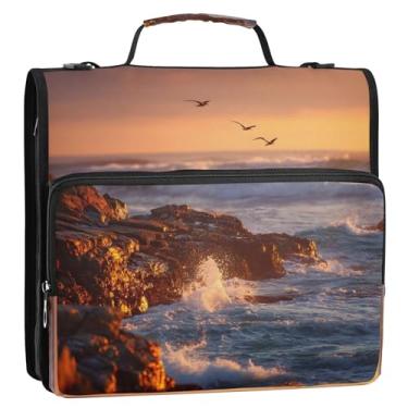 Imagem de CEBUGI Fichário de 3 anéis com zíper com alça de ombro, pasta de arquivo expansível de 3,8 cm, anéis D, para escola, escritório, litoral, pôr do sol